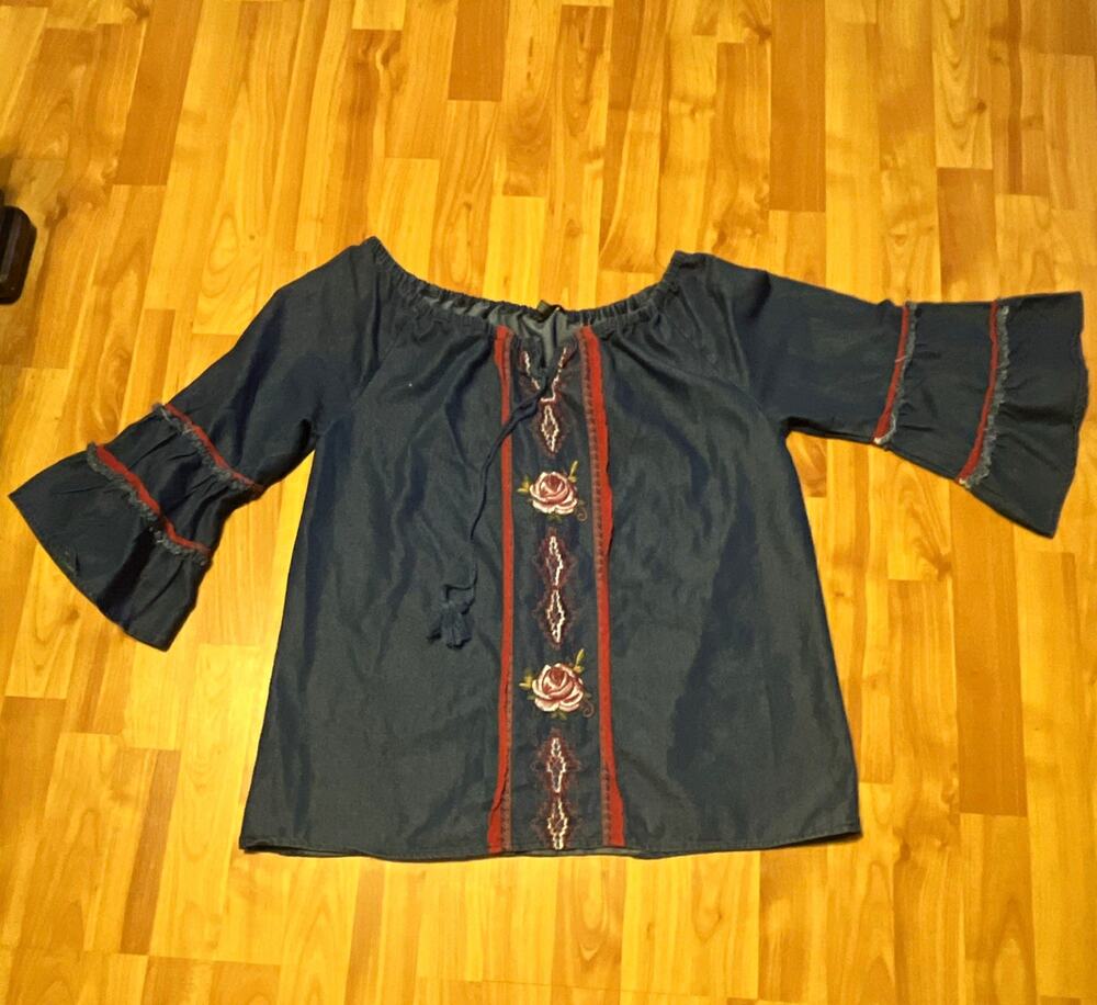 HANNAH Women's L Blue Denim Boho Peasant Blouse Off-Shoulder Embroidered Tie